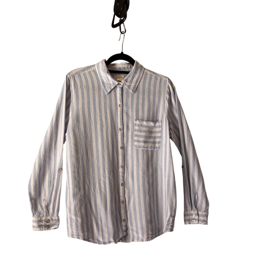 Nicole Miller Womens Medium Blue White Striped Linen Blend Roll Tab Shirt